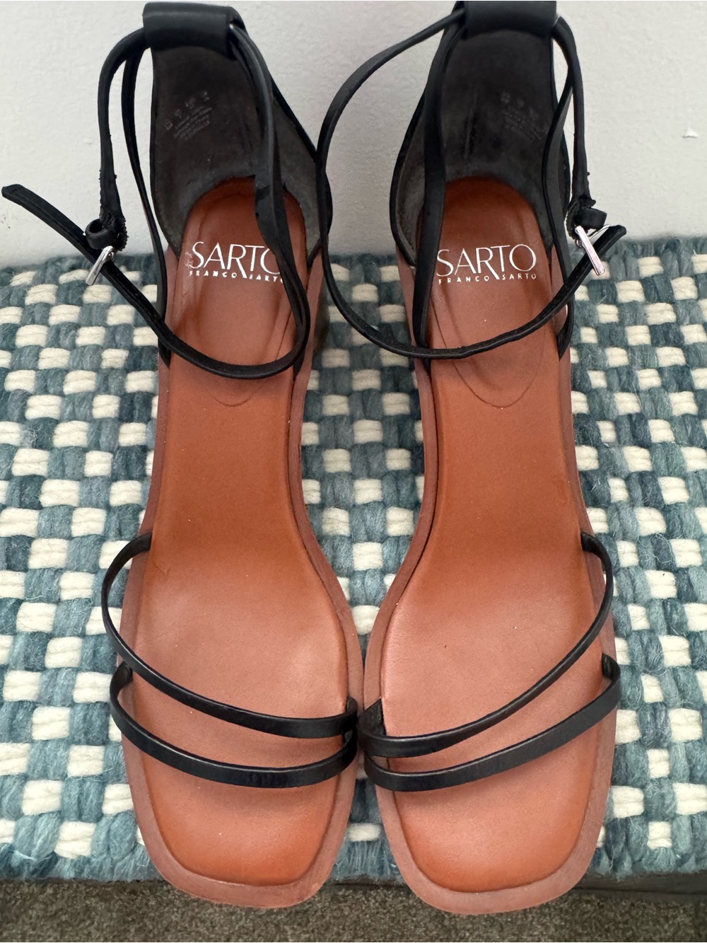 SARTO By Franco Sarto Black Strappy Ankle-Tie Heels with Brown Footbed